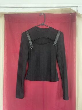 Killstar Black Ribbed Long Sleeve Top with Grommet Strap Detail